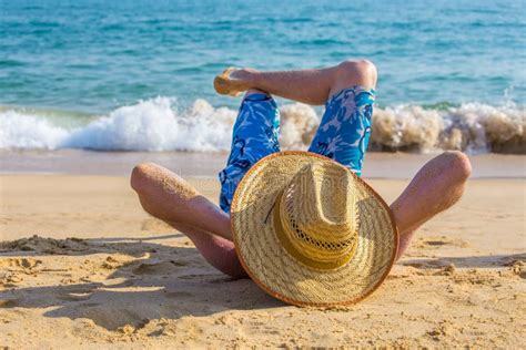 Young Male Tourist Sunbathing On Beach At Sea Stock Image Image Of