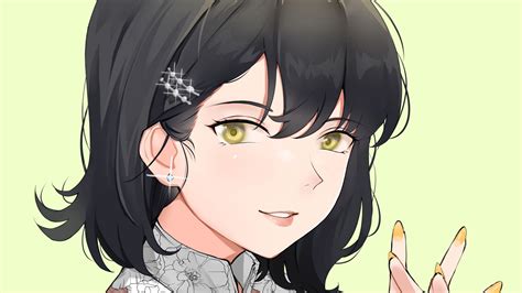 Black Hair Yellow Eyes White Stone Clips Yellow Background Hd Anime