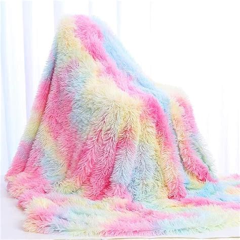 Sucses Pink Rainbow Bed Cover Blankets Super Soft Faux Fur