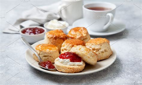 Scones On A White Plate Food Scones Strawberry Jam