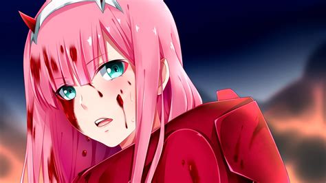 Darling In The Franxx Zero Two With Pink Hair And Green Eyes With Dark Blue Background Hd Anime