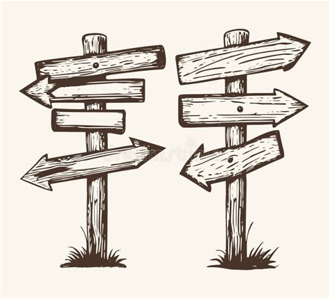 Vector Illustration Of Wooden Road Signs Hand Drawn In Different