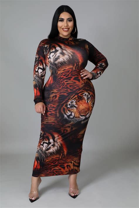 Vanessa Tiger Print Bodycon Dress X Large Brown Plus Size Maxi