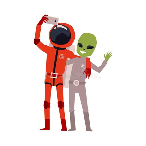 Astronauta De Dibujos Animados Y Alienígena Verde Tomando Selfie Juntos