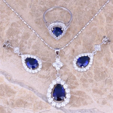 Blue Cubic Zirconia 925 Sterling Silver Jewelry Sets Earrings Necklace