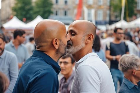 premium photo two bald men kissing in the street gays