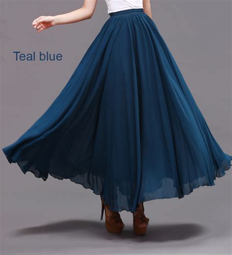 Plus Size Long Chiffon Skirt Teal Blue Chiffon Skirt High Waisted