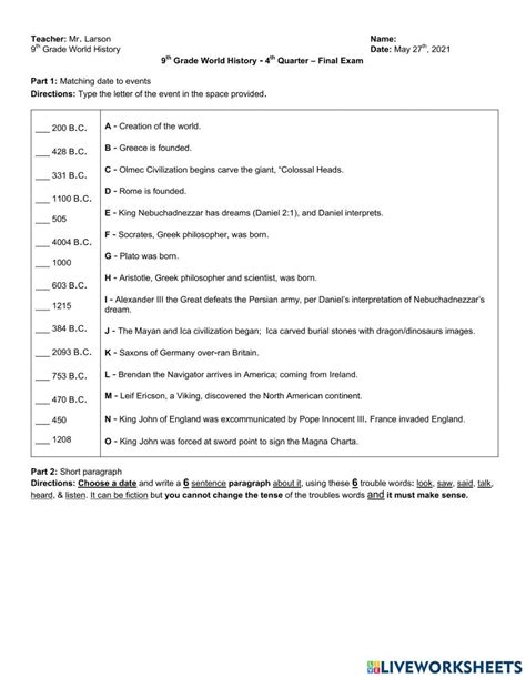 9th Grade World History Final Grade Worksheet Live Worksheets