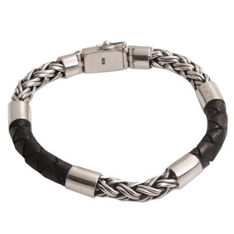 Men S Sterling Silver And Leather Bracelet From Bali One Strength Novica