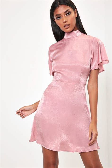 Rose Pink Satin Frill Sleeve Mini Dress Mini Dress With Sleeves Mini Dress Dresses