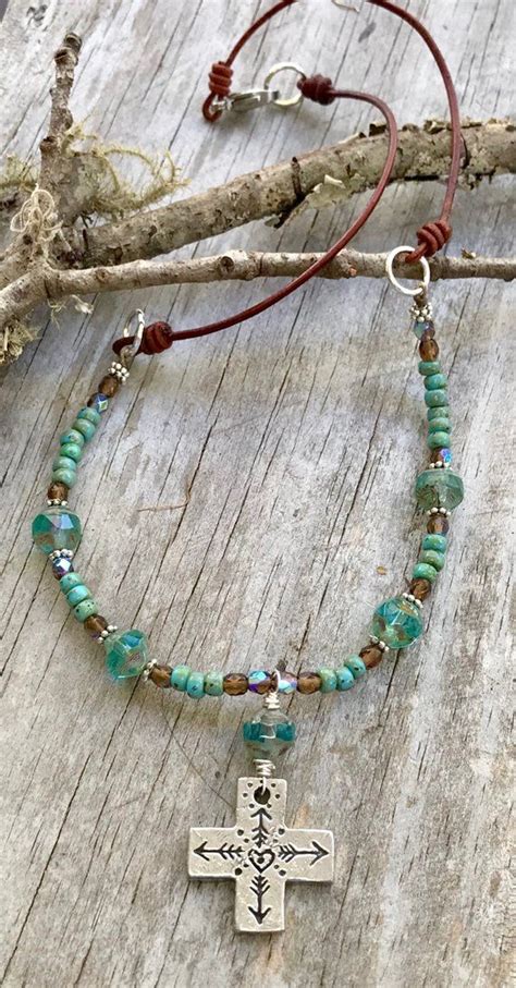 Turquoise Crystal Cross Necklace Cowgirl Beaded Boho Style Etsy