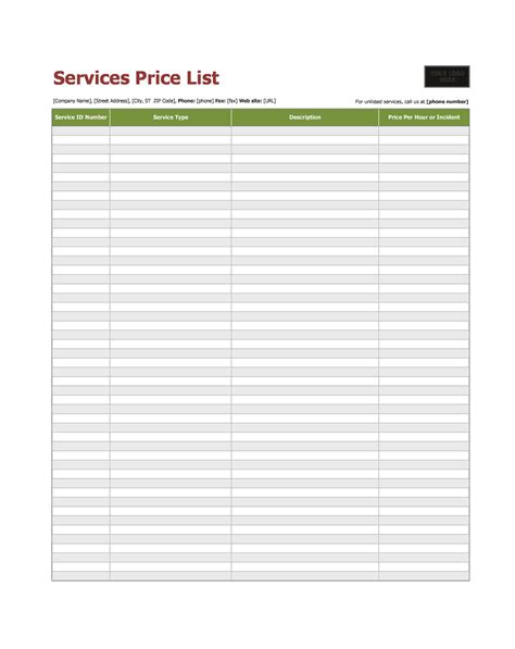 Printable Price List Template Free Printable Templates