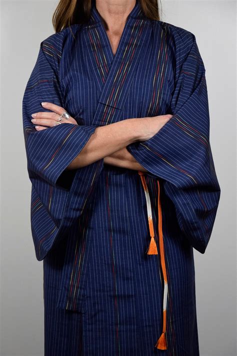 Japanese Vintage Kimono Robe Silk In Blue With Free Obijime Belt Silk Gown Silk Robe Boho