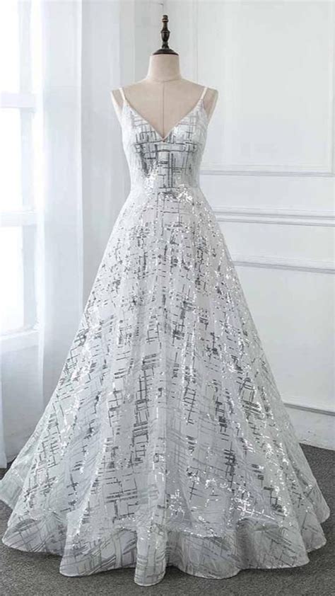 Silver Sequins Long Prom Dresses V Neck Formal A Line Dress Ks7087 An