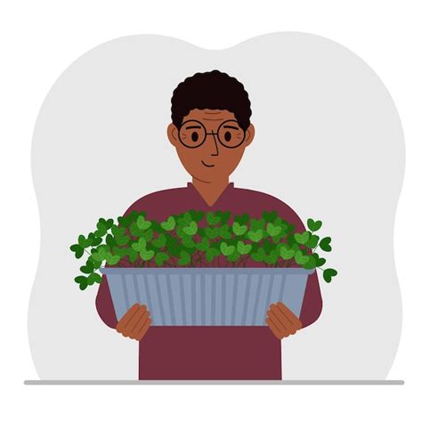 Premium Vector A Man Holds A Pot With A Houseplant In His Hands Hobby