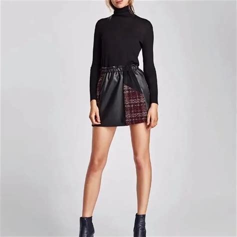 2018 New Sexy Black High Waist Club Leather Skirt Women Spring Casual Bodycon Plaid Tweed