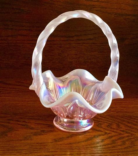 Fenton Pink Iridescent Opalescent Glass Basket W Lambs Tongue Design Ebay Fenton Glassware