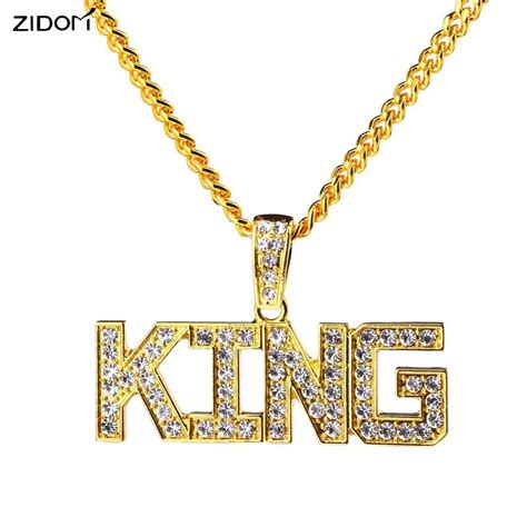 Men Hip Hop Full Rhinestone King Shape Pendant Necklaces Bling Bling