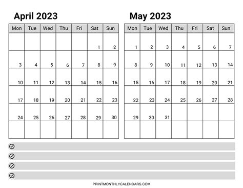 April May 2023 Calendar Template Free Two Month Printable April And