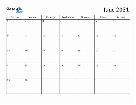 June 2031 Monthly Calendar Pdf Word Excel