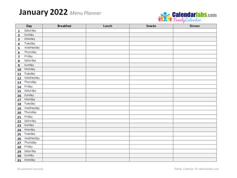 2022 Monthly Menu Planner - Free Printable Templates