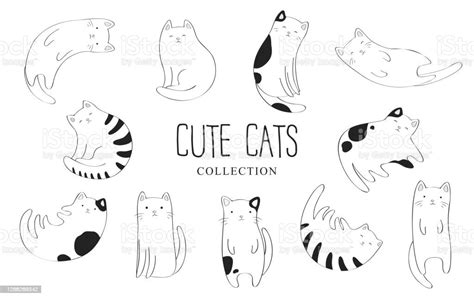 Vector Collection Of Black And White Cute Cartoon Hand Drawn Cats Isolated On White Background