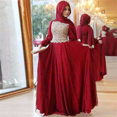 2016 New Design Hijab Evening Dress Long Sleeve Red Lace Chiffon Muslim