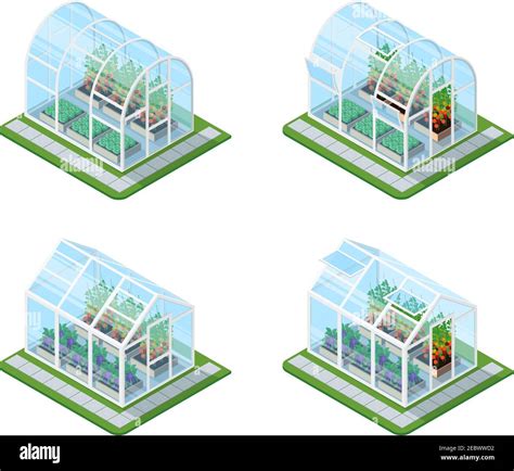 Glass Greenhouse Isometric Set With Growing Agricultural Products And Colorful Flowers Isolated
