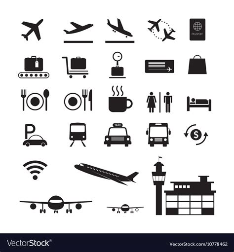 Airport Icons And Symbols Silhouette Set Vector Image