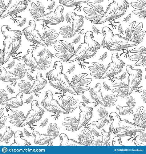 Pigeons Print Flying Doves Colorless Birds Seamless Pattern Stock