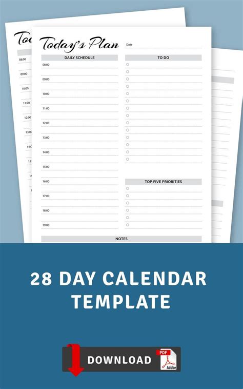 28 Day Calendar Template Start Using Today Daily Planner Template