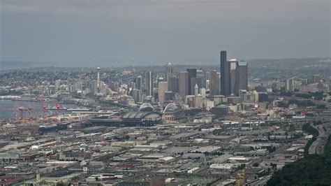 5K stock footage aerial video of Seattle skyline seen from south of Downtown Seattle, Washington ...