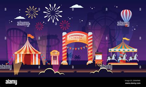 Night Amusement Park Vector Illustration Fun Luminous Carousels