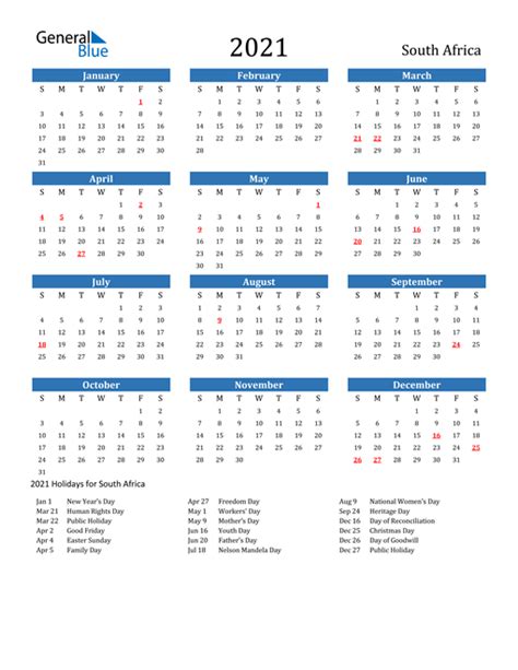 Printable 2021 Calendar With Holidays South Africa