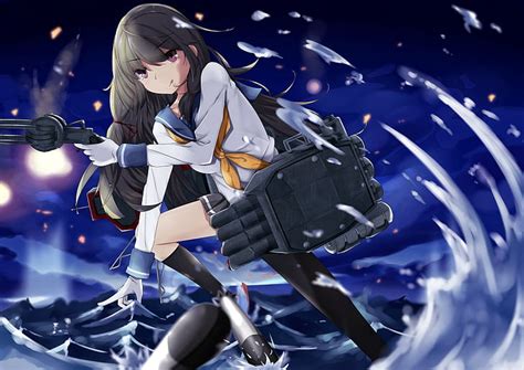 Anime Girls Kantai Collection Isokaze Kancolle женщина в белой рубашке с черным пистолетом