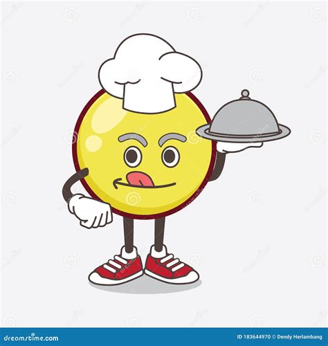 Yellow Emoticon Cartoon Mascot Character As A Chef With Food On Tray