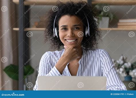 Portrait Of Biracial Female In Headphones Have Webcam Call Stock Image Image Of Person Adult