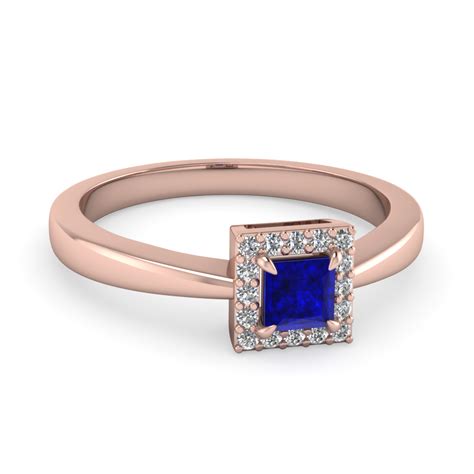 Princess Cut Halo Diamond Engagement Ring With Blue Sapphire Gemstone