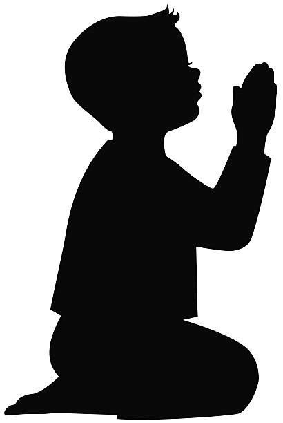 Cartoon Boy Kneeling In Prayer Isolated On White Stoc