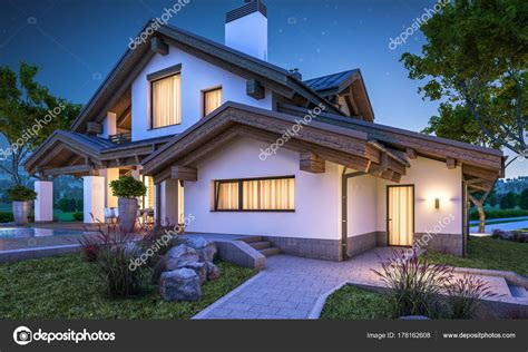 Eleganz und rafinesse in jedes stück der wahl, die eine einfache umgebung machen, aber zugleich einzigarti. 3D-Rendering von modernen gemütlichen Haus im Chalet-Stil ...