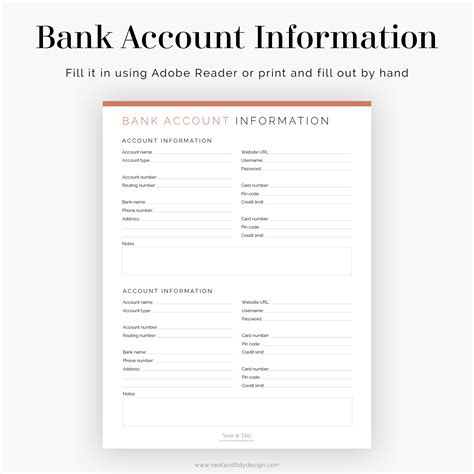 Bank Account Information Fillable Printable Pdf Finance Etsy Canada