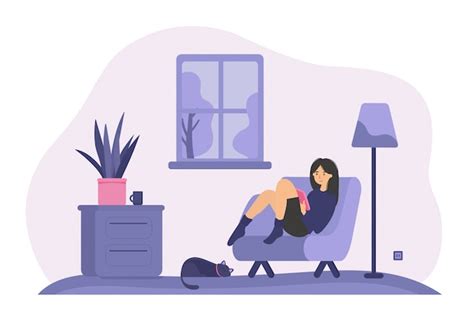 Free Vector Relaxed Woman Sitting In Armchair With Book