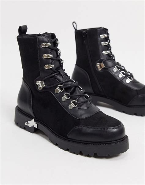 asos design alma lace up hiker boots with trim detail in black shopstyle