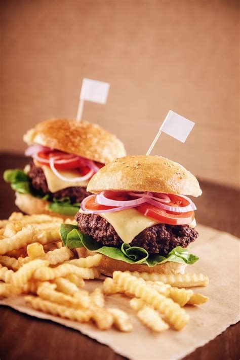 Ground Beef Cheese Burger With French Fries Stock Image Image Of