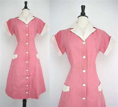 Vintage Diner Waitress 40s Dress Pink Authentic Uniform Heavy