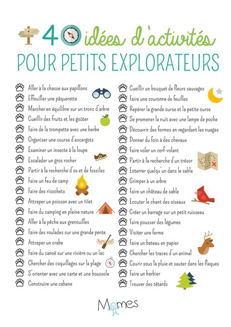 Poster 40 Idées Dactivités Pour Petits Explorateurs Momes