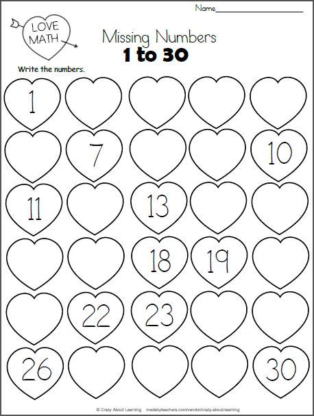 The Missing Numbers To 30 Worksheet For Valentines Day With Hearts