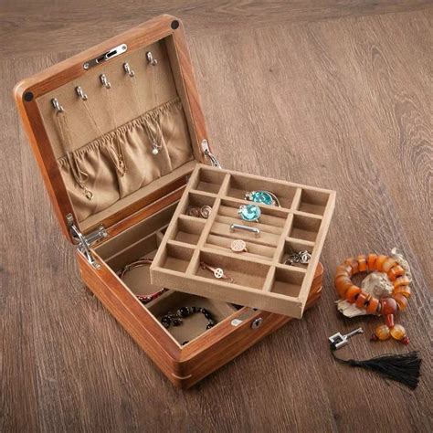 Rosewood Pure Solid Wood Jewelry Box With Lock Portable Double Travel