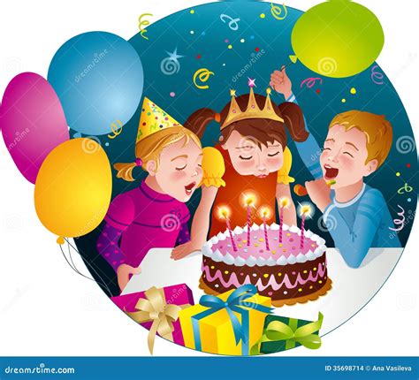 Childs Birthday Party Kids Blowing Candles On Ca Stock Vector