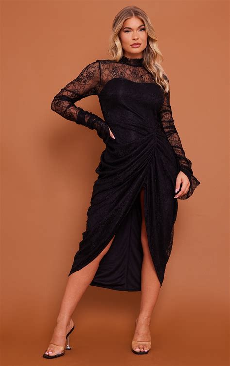 Black Lace High Neck Long Sleeve Draped Midi Dress Prettylittlething Ksa